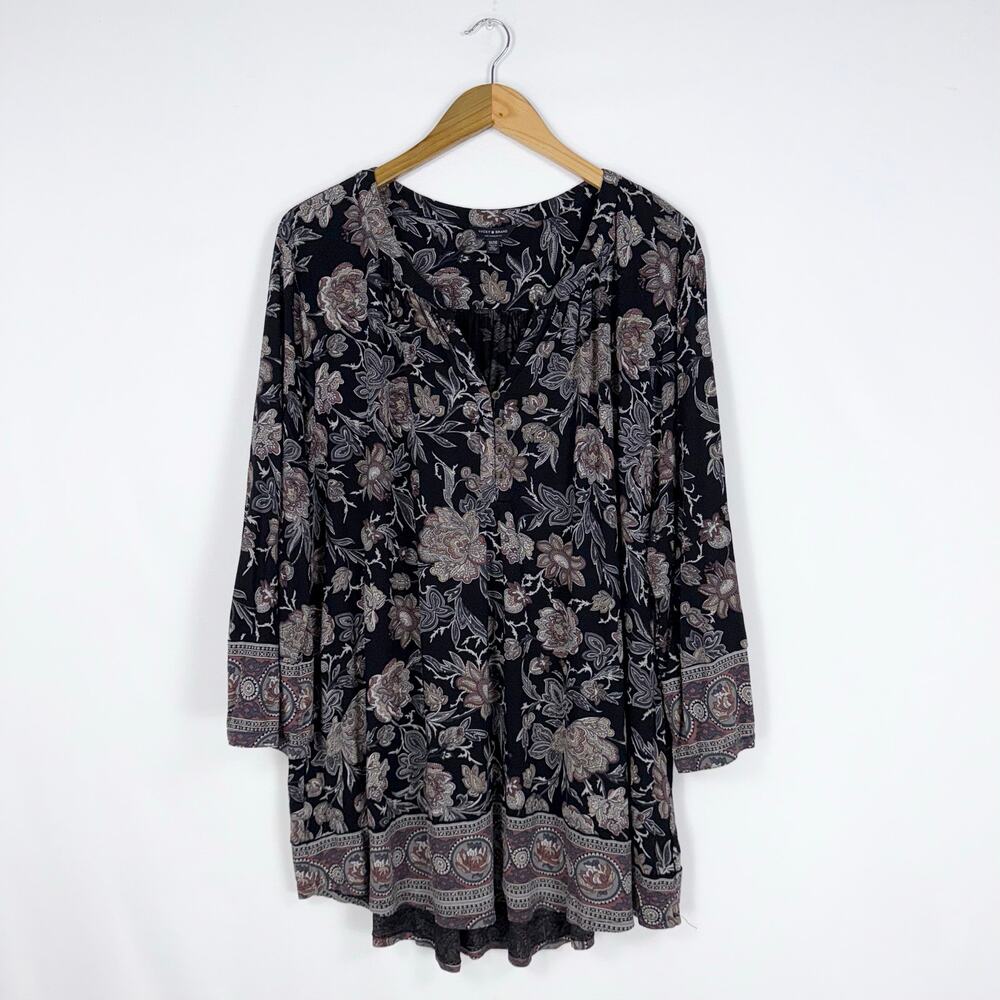 Lucky Brand Women's Paisley Boho Henley Knit Top 3X Black Brown